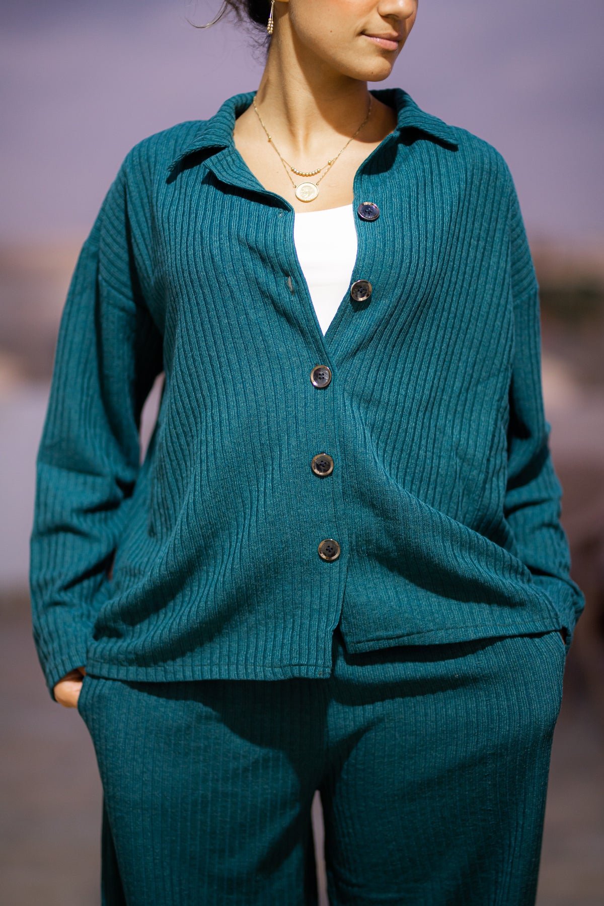 Ribbed Knit Set – Button-Up Jacket